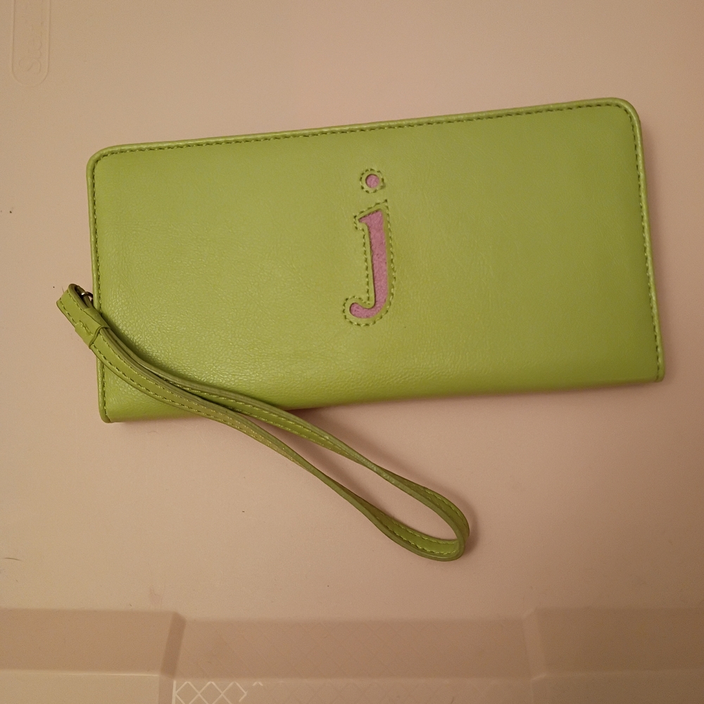 Liz Claiborne Lime Green Wristlet Wallet with Pink Initial